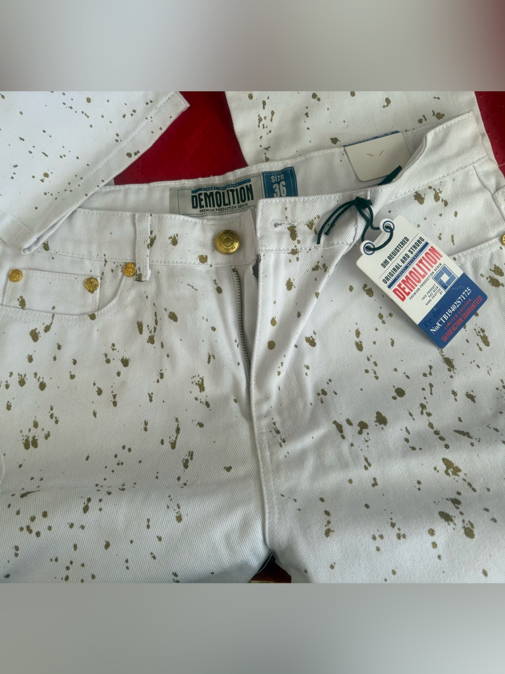 Demolition Denim White Jeans with Gold Paint Splatter – Limited Edition